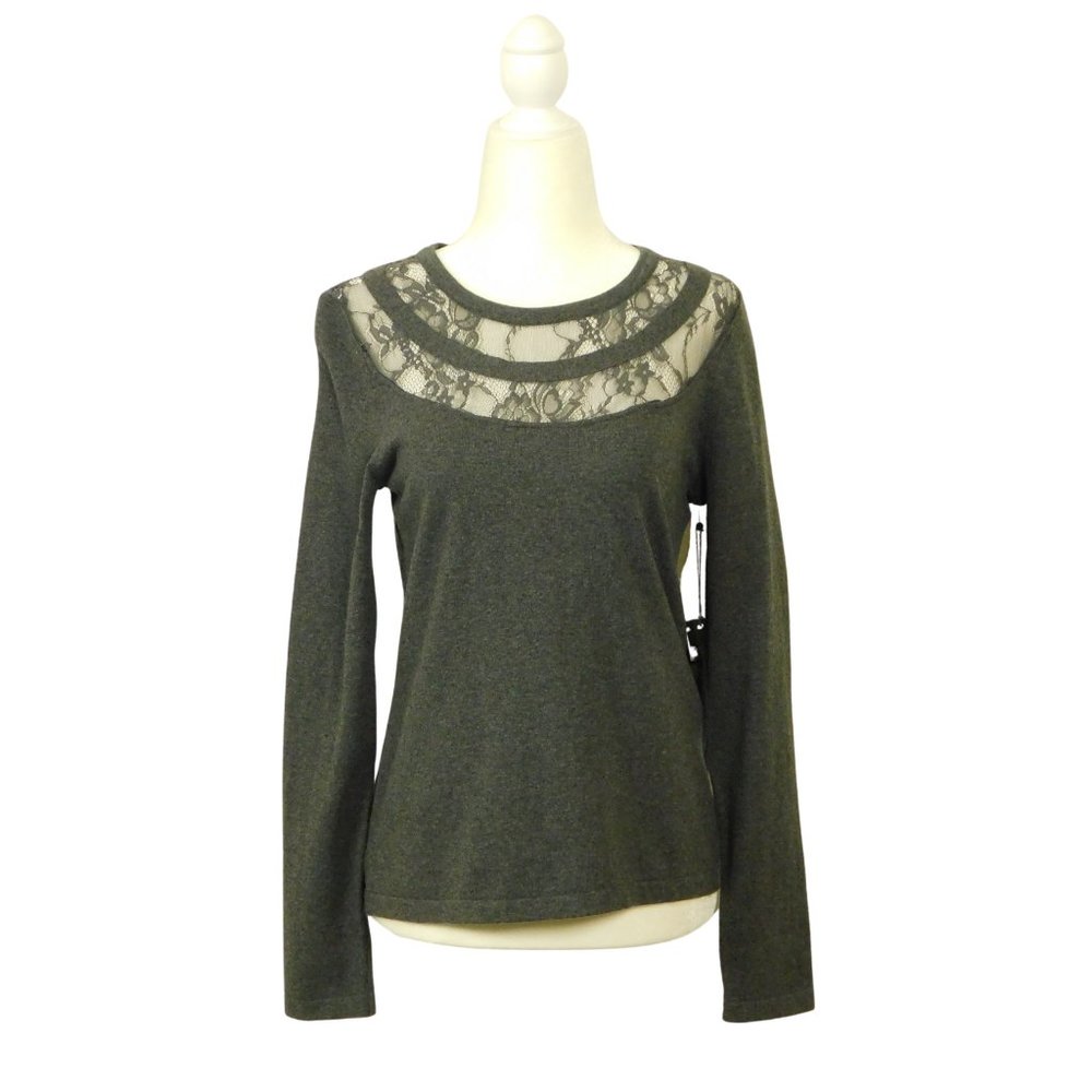 Vince Camuto Lace Yoke Crew Pullover Sweater Gray Size Small Long Sleeve NWT